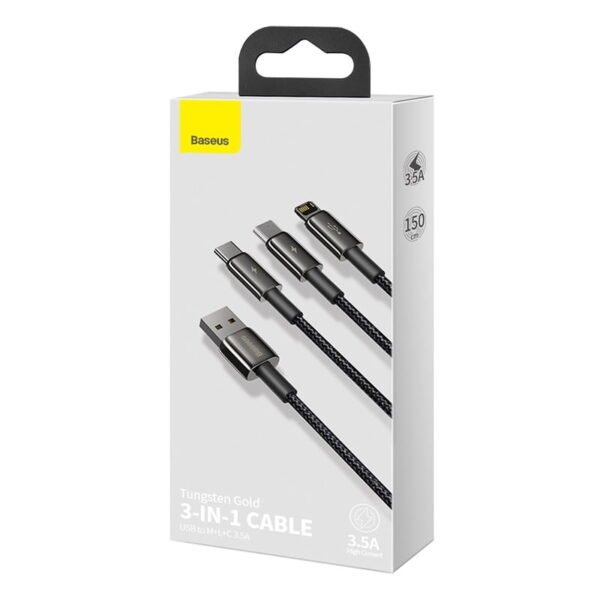 Baseus Tungsten Gold CAMLTWJ-01 — 1.5 m Black Braided Cable, USB-A to Lightning, USB-C & Micro USB, 3.5 A