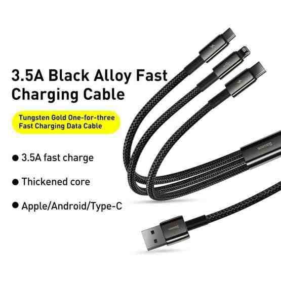 Baseus Tungsten Gold CAMLTWJ-01 — 1.5 m Black Braided Cable, USB-A to Lightning, USB-C & Micro USB, 3.5 A