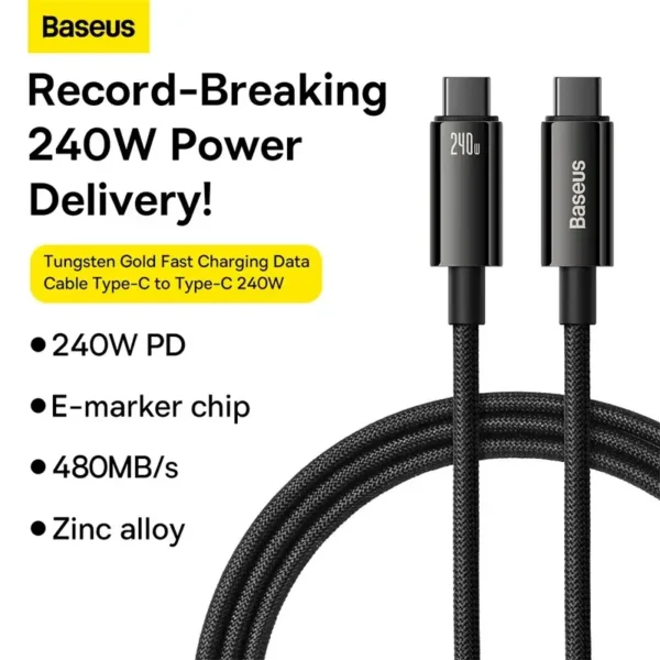 Baseus Tungsten Gold Type-C to Type-C Cable | 240W & 480 Mbps