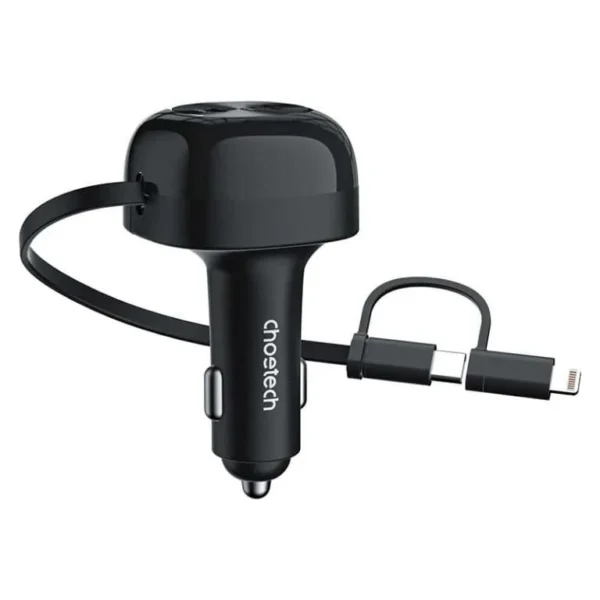 Choetech TC0036 In-Car 75W Adapter — Retractable USB-C & Lightning 2-in-1 Cable