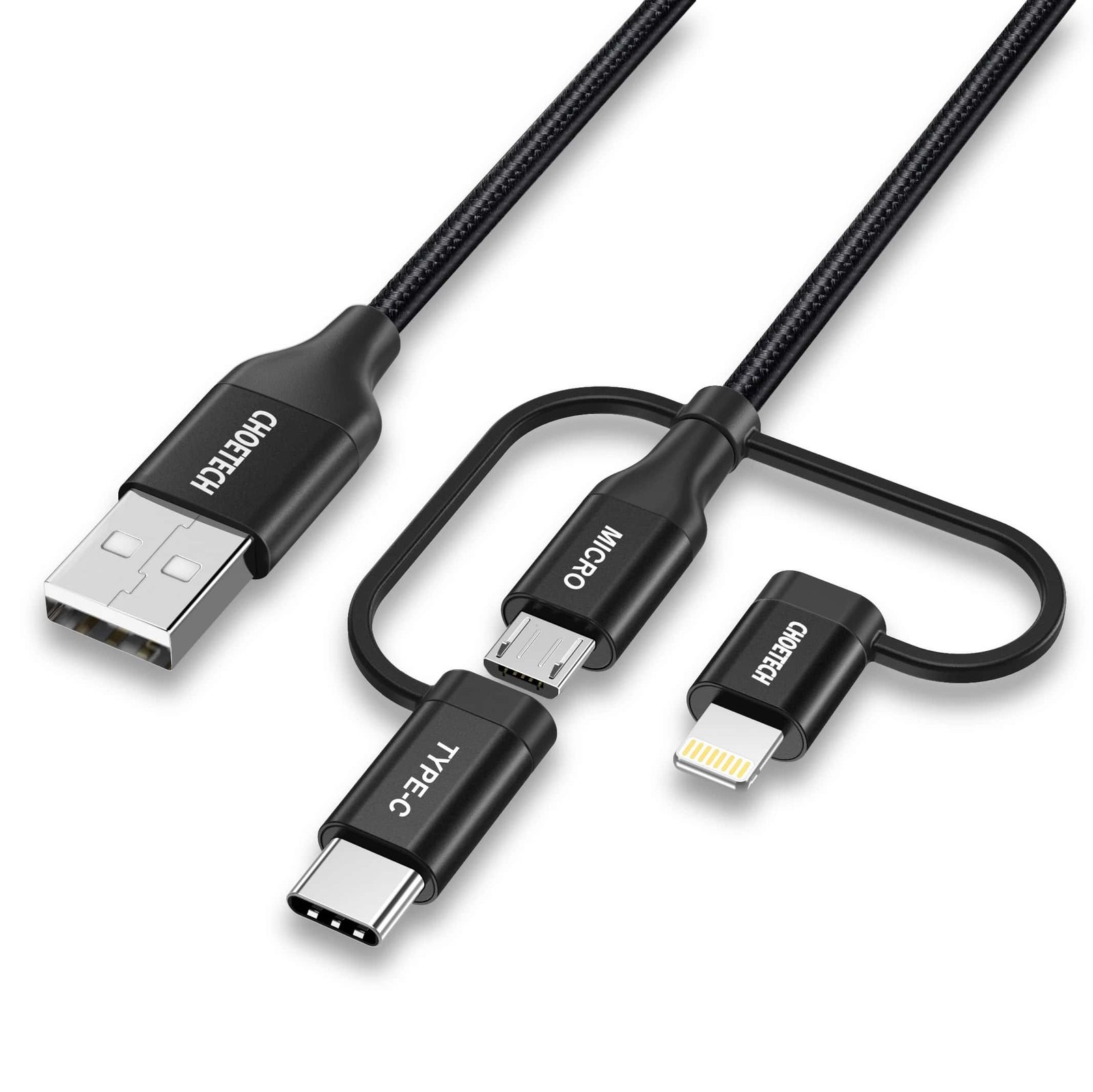 Choetech IP0030 1.2 m Braided Multi-Port Cable – Lightning, USB-C & Micro USB (Black)