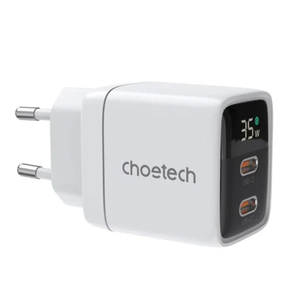 Choetech PD6051 GaN 35 W Wall Adapter – 2× USB-C PD, Display, White
