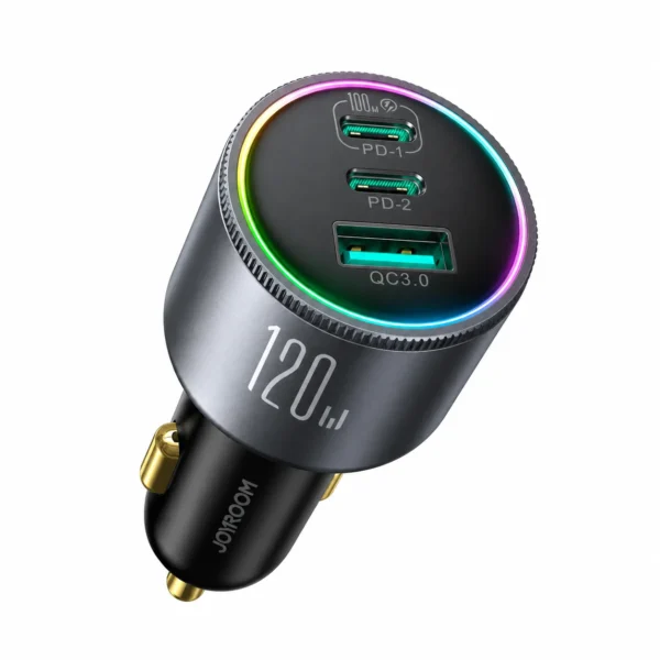 Joyroom JR-CCN07 — 120W In-Car Charger (Dual USB-C PD + QC 3.0 USB-A)