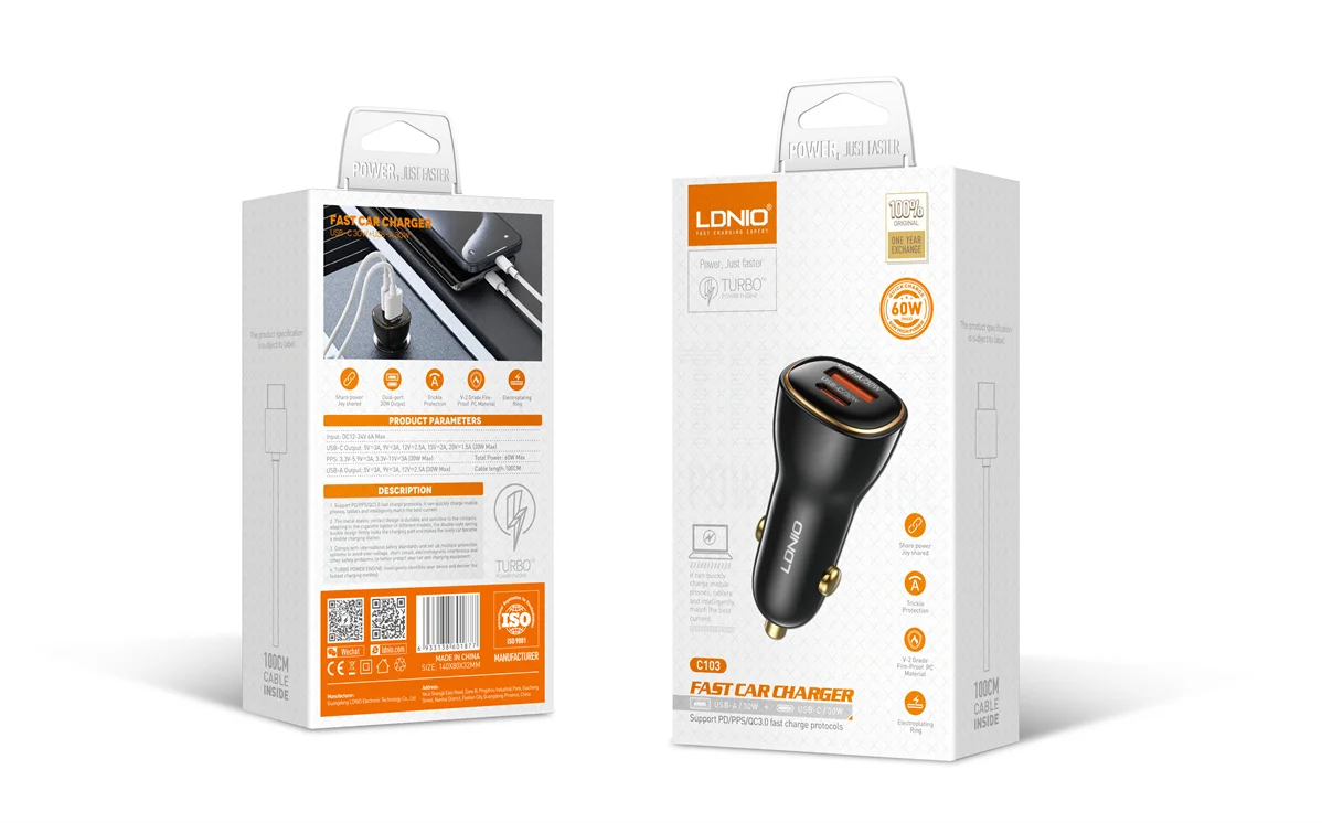 Ldnio C103 Car Charger — 60W PD/QC with USB-A and USB-C