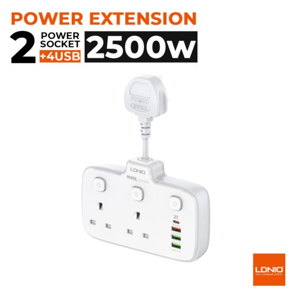 LDNIO SC2413 White Power Strip — 2 AC Sockets & 4 USB Ports (20W)