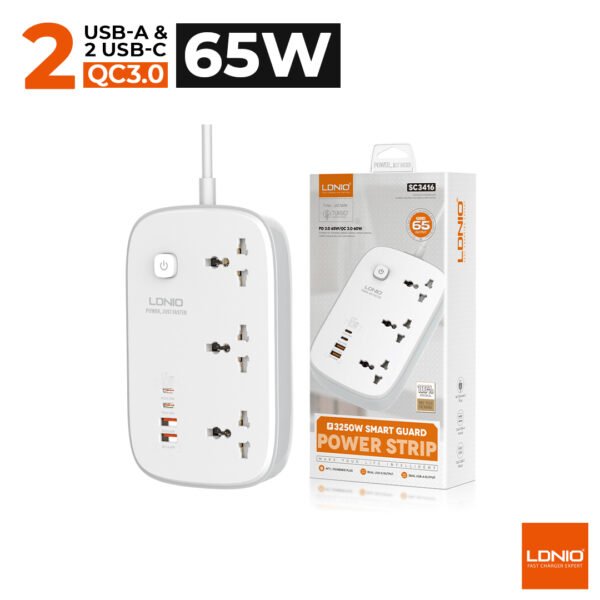 Ldnio SC3416 GaN 65W Power Strip — 4 USB Ports & Multi-Region Sockets