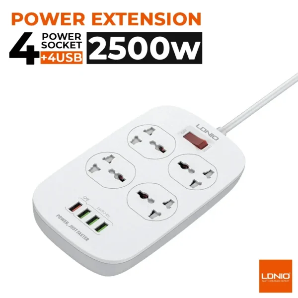 LDNIO SC4407 Desk Strip — 4 Sockets, 4 USB, QC 3.0 & 2500W Protection