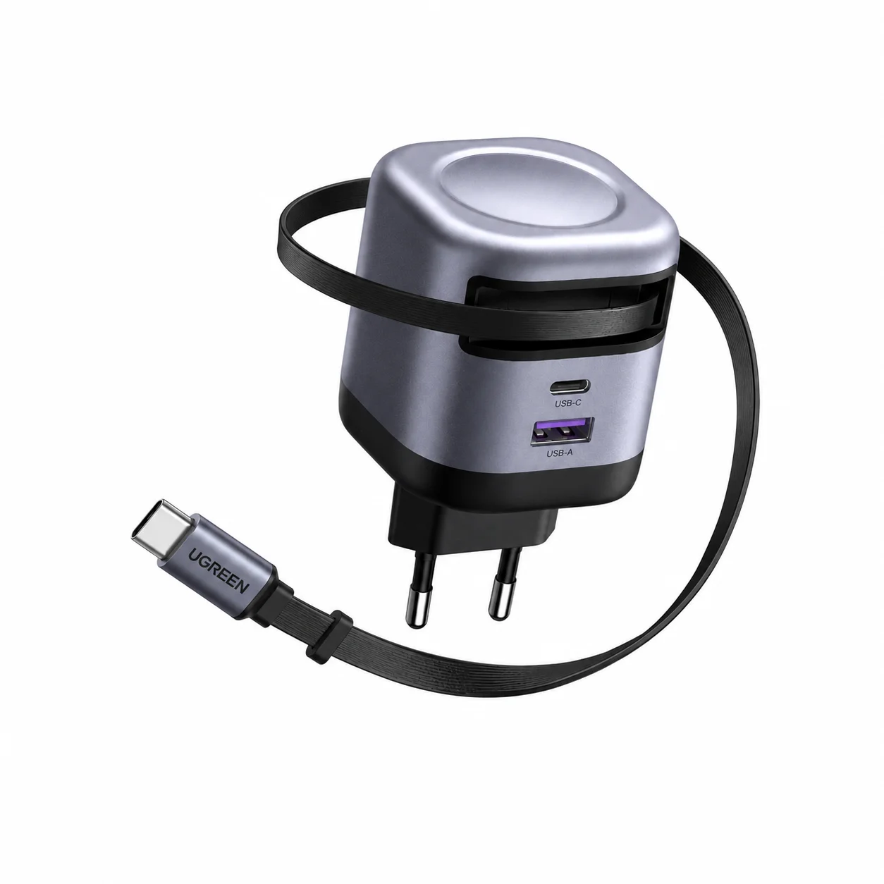 UGREEN 45W GaN Travel Charger — Retractable USB-C, 2C1A Ports