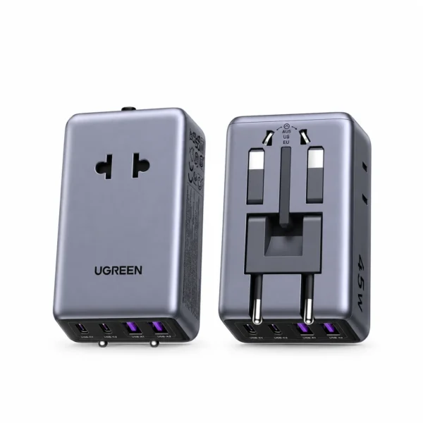 UGreen 85779 — 45W GaN International Adapter with Twin AC Sockets & Four USB Ports