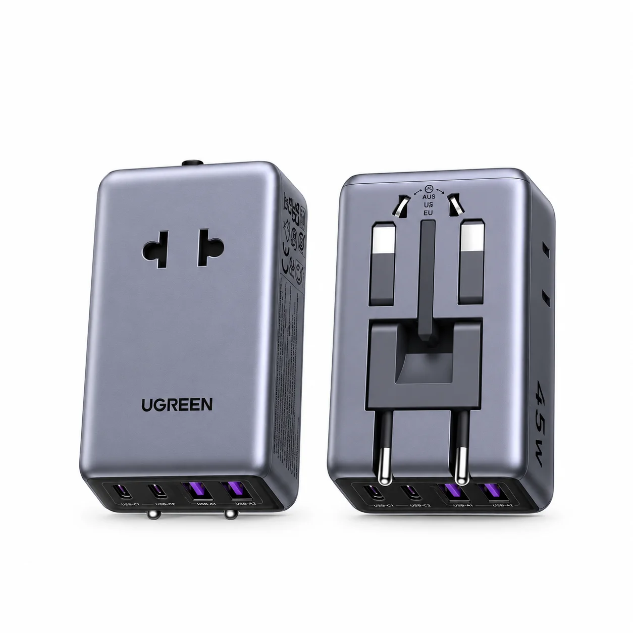 UGreen 85779 — 45W GaN International Adapter with Twin AC Sockets & Four USB Ports