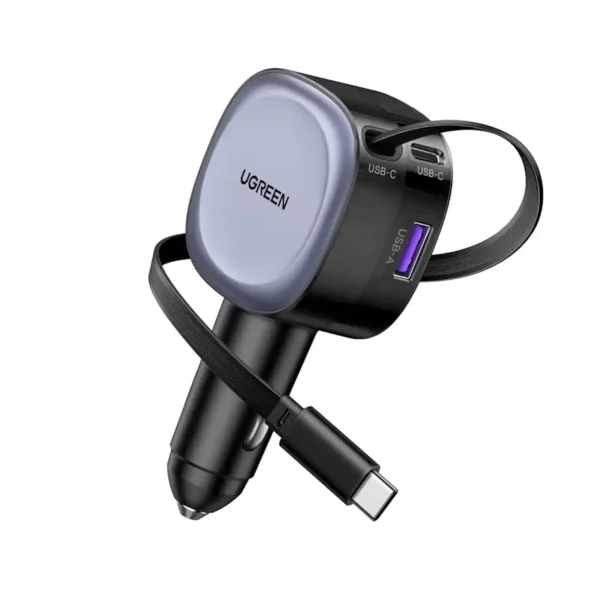 UGREEN 55653 75W Cigarette-Lighter Charger — Retractable USB-C & Lightning Leads
