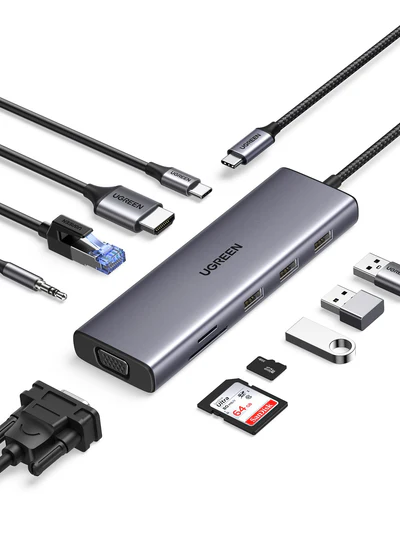 UGREEN 15601 — 10-Port USB-C Adapter with HDMI, VGA, and 100W Charging