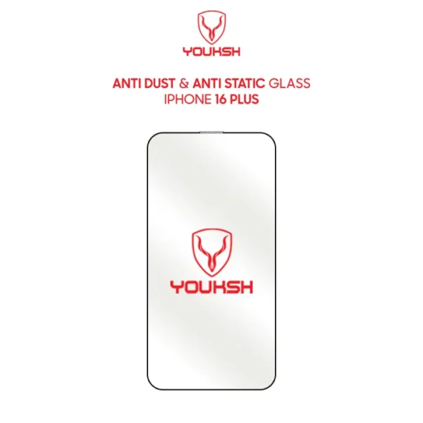 Youksh iPhone 16 Plus Clear Anti-Static Glass — 99.9% Clarity, 0.15 mm