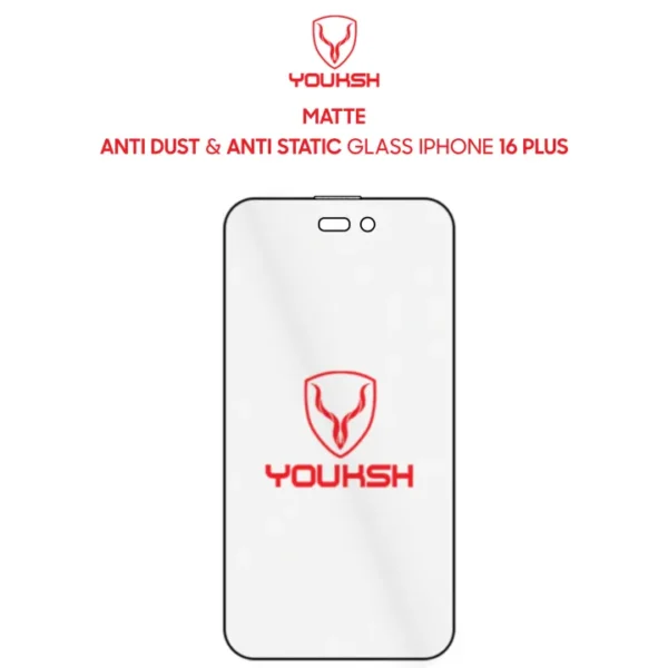 Youksh iPhone 16 Plus Matte Glass Protector — Anti-Static with YOUKSH Install Kit